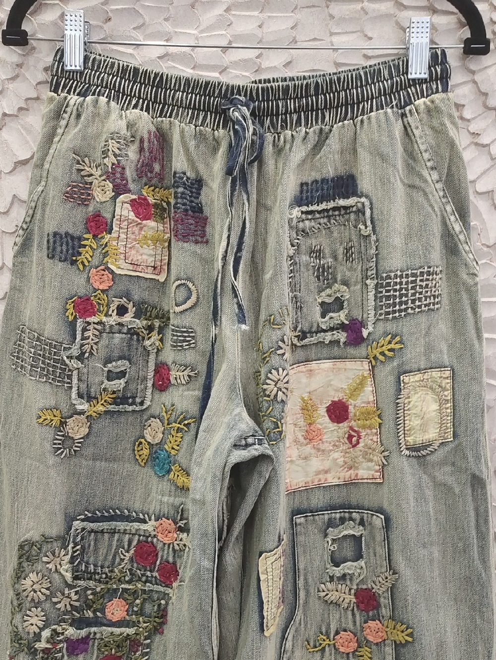 BACK IN STOCK !! Boho Embroidered Patchwork Vintage Wash Ruffle Hem Bloomers - Picture 4 of 8